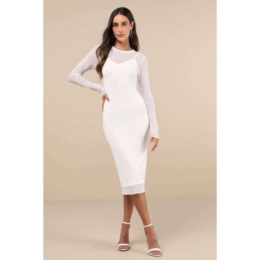 Lulus Perfect Plans Ivory Sheer Mesh Long Sleeve Bodycon Midi Dress White